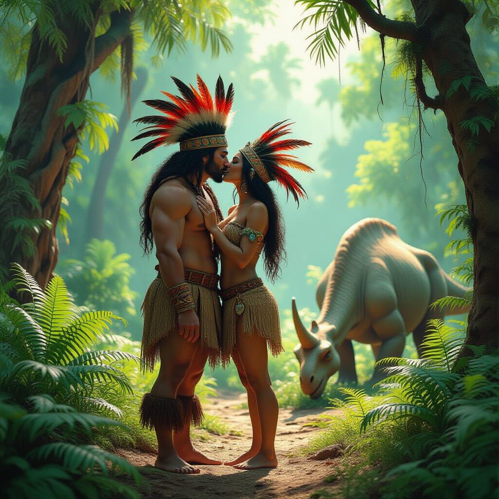 Prehistoric Lovers Kiss in Lush Tropical Forest