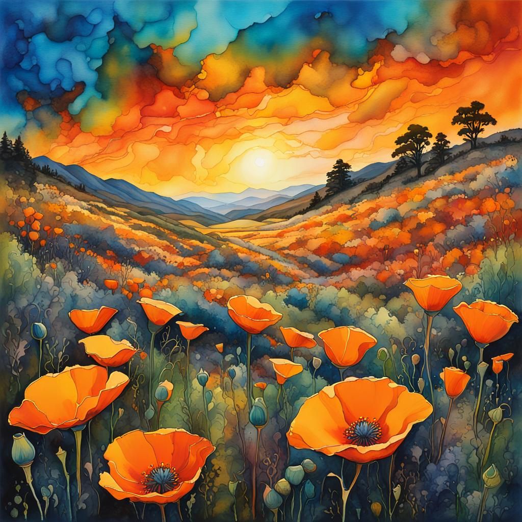 California Poppies in Alcohol Ink and Watercolor