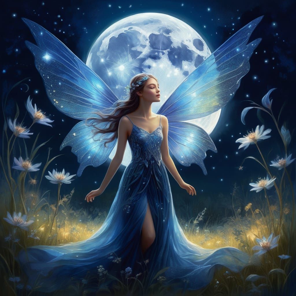 A fairy with long dark curly hair, crystalline wings, and a ...
