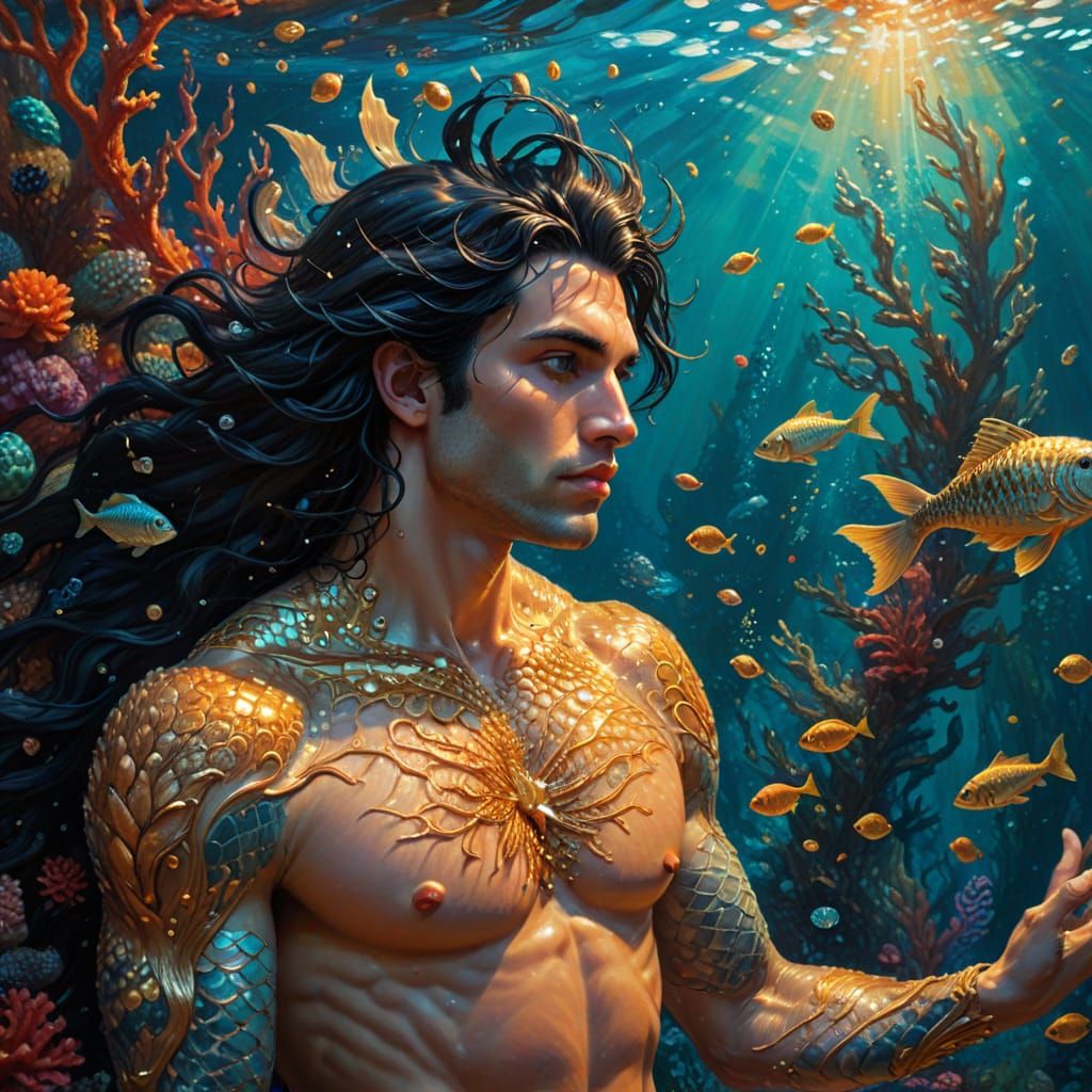 Merman in Coral Reef: A Surreal Oil Painting