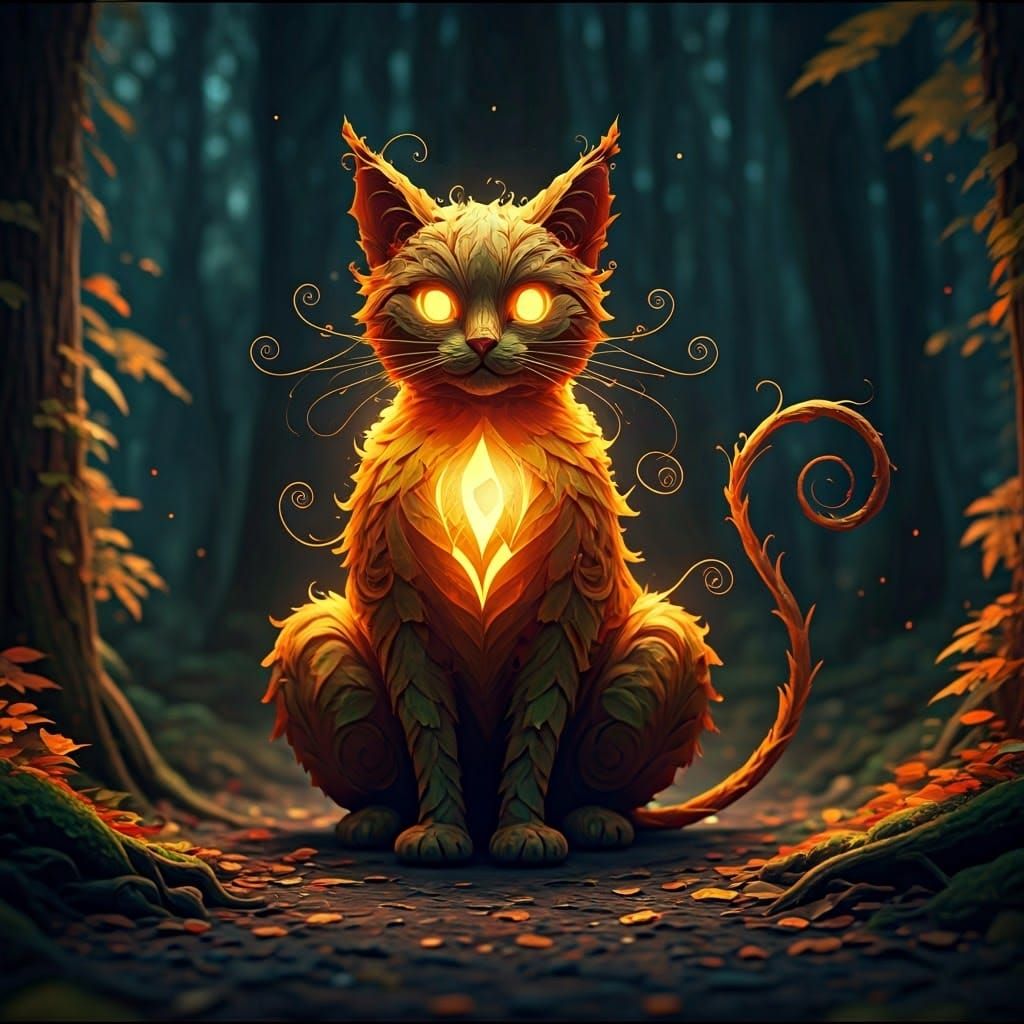 Whimsical Glowing Cat Amidst Autumn Leaves