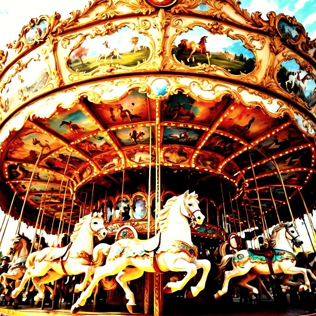 Whirling Carousel with Painted Horses