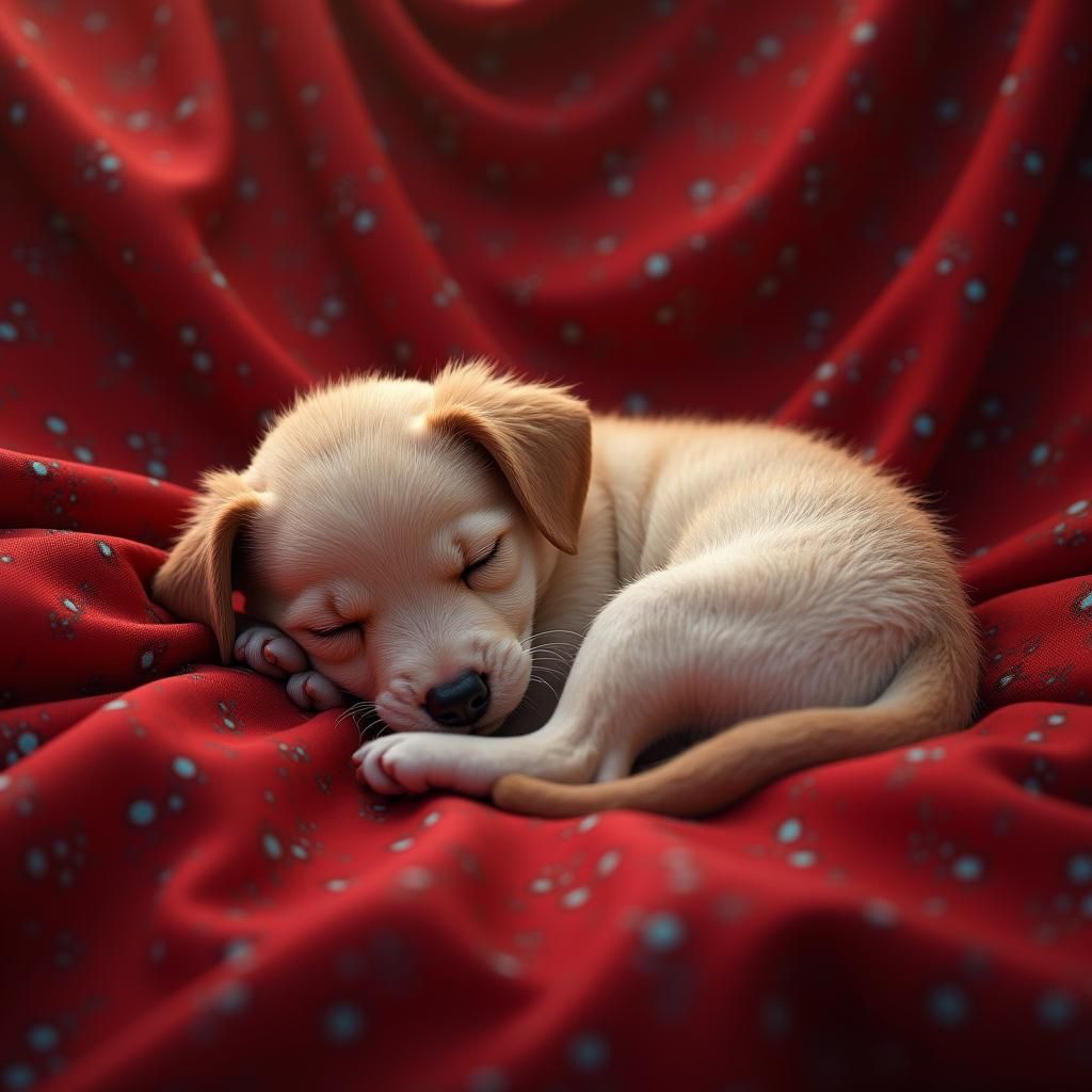 Sleepy Puppy on Crimson Sheet: 3D Fantasy Art