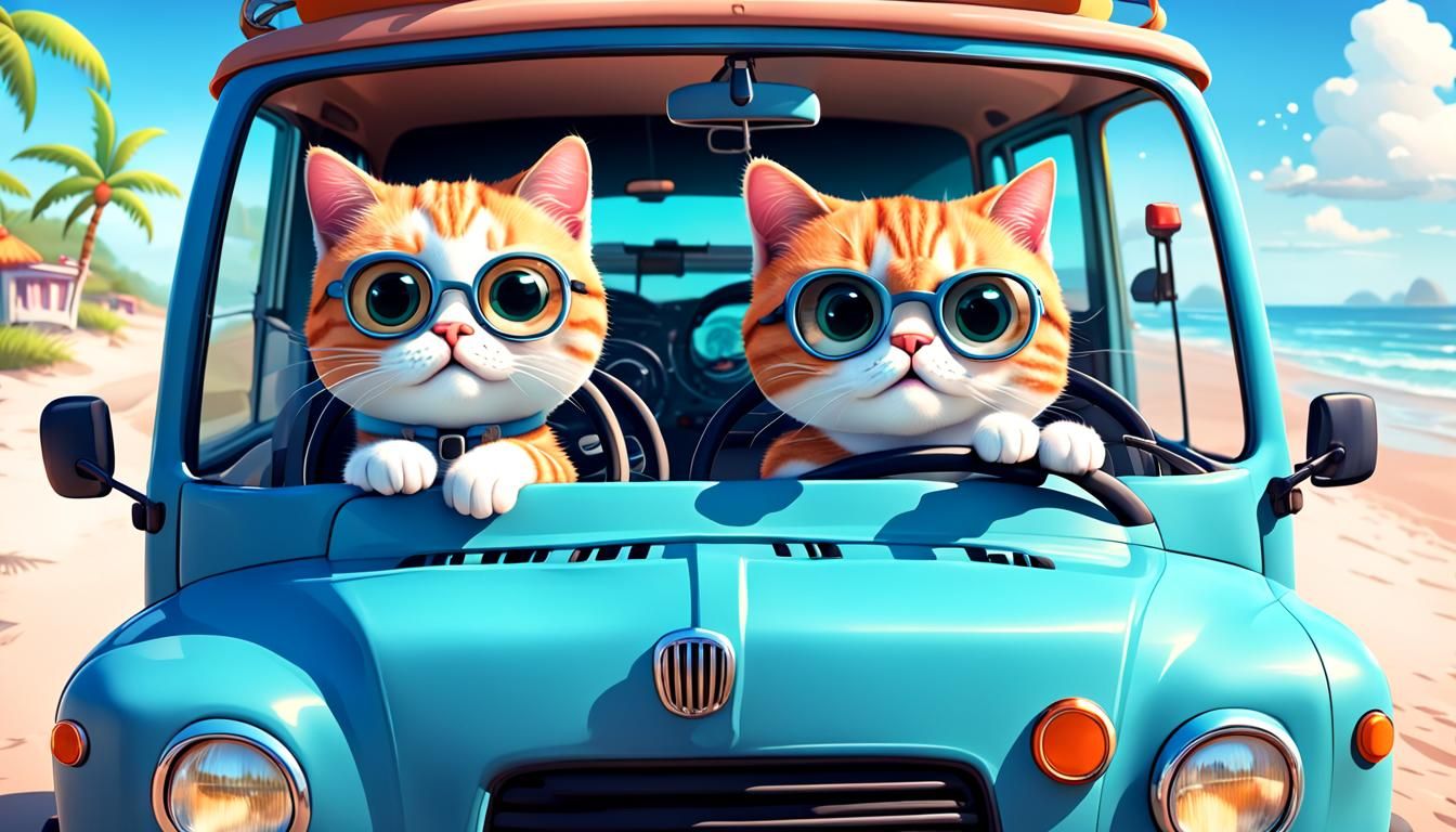 Cats Driving to the Beach: 3D Cartoon Adventure
