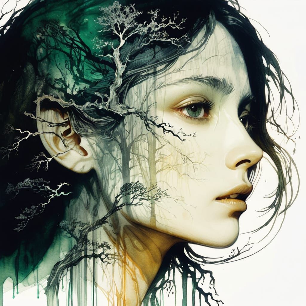 Woman in Dark Forest, Gothic Atmosphere