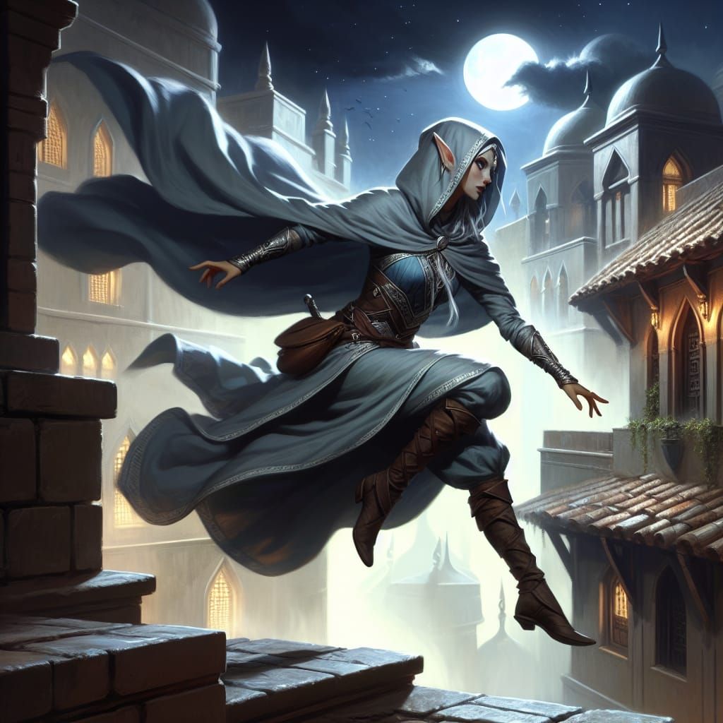 Hyper-realistic beautiful elven rogue slipping off a roof as...