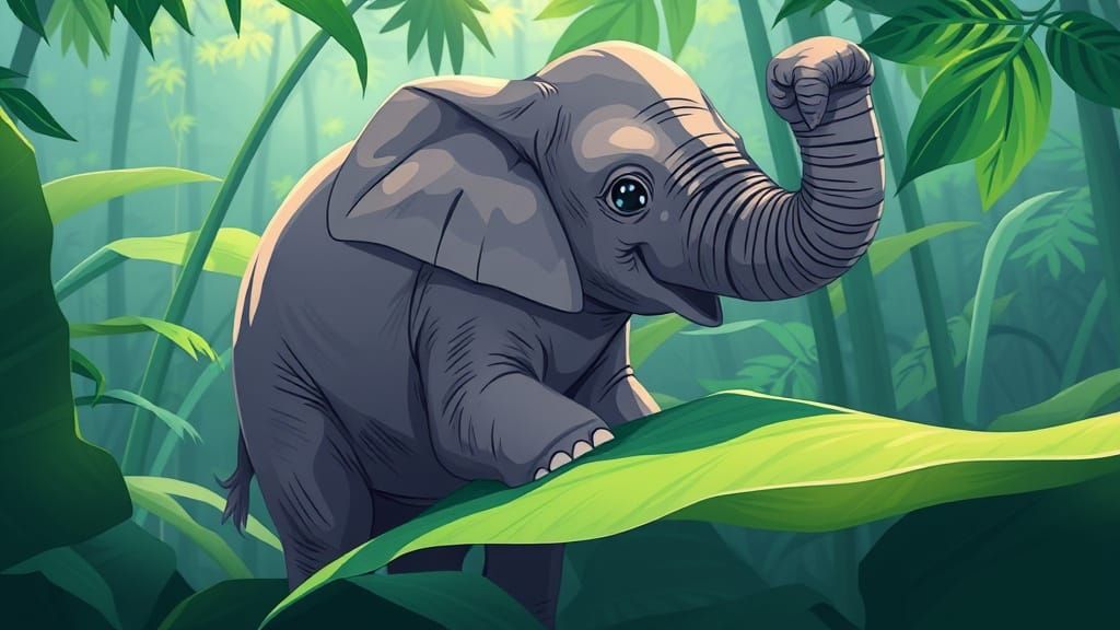 Anime Elephant Plays With Giant Leaf in Cinematic Light