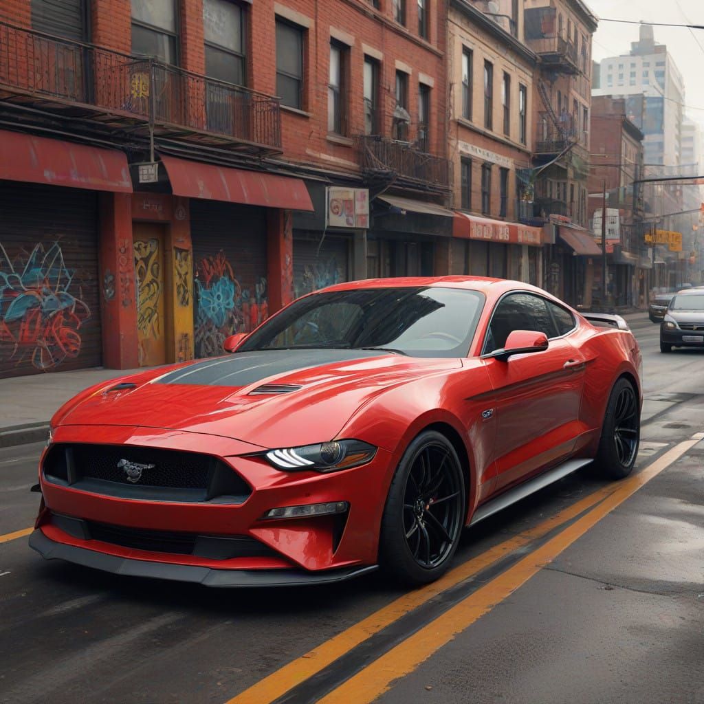 Sleek Cherry Red Ford Mustang in Vibrant Graffiti Art Style