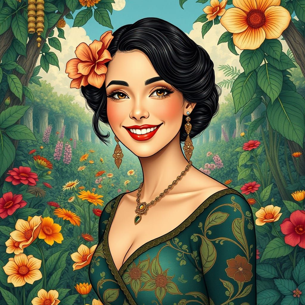 Elegant Woman in Lush Garden, Alphonse Mucha Style