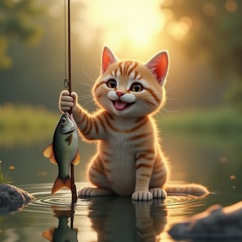 Cat Fishing with Rod: Surreal 3D Hyperrealism