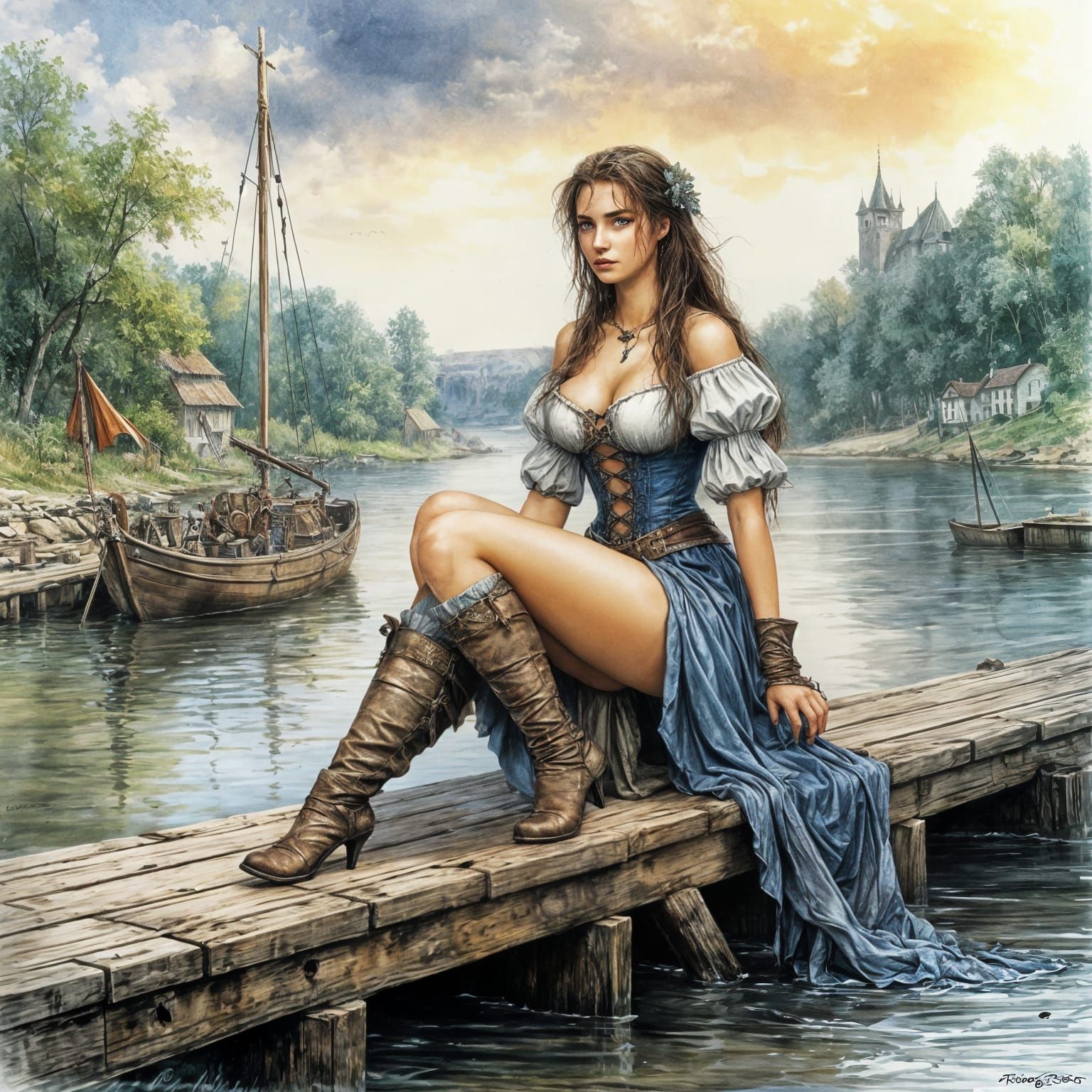 Medieval Woman at River Jetty: Comic Book Art