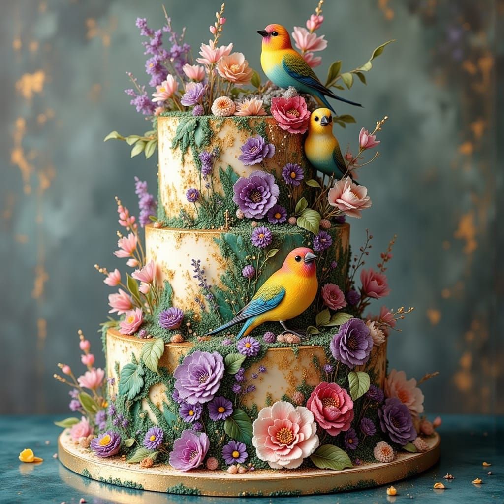 Ornate Cake Sculpture with Birds and Flowers