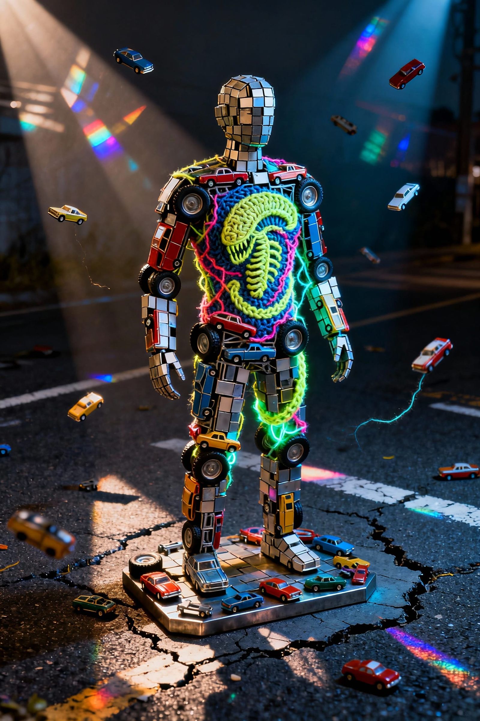 Tiny Matchbox Cars Tessellated Tightly Wodged, and a Hint of a Carved Psychedelic Crocheted Xenomorrph