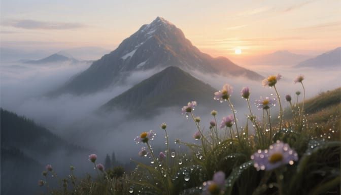 Hyperrealistic Mountain Peak Sunrise with Dewy Flowers
