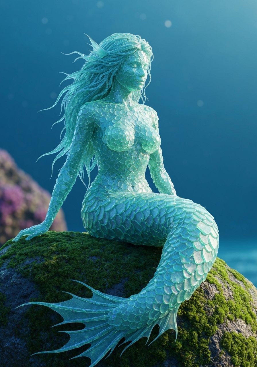 Sea Glass Mermaid on Mossy Rock, Ocean Scene