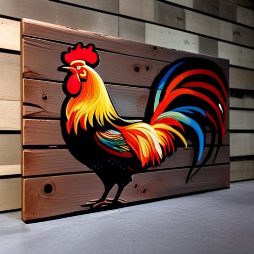 Detailed Rooster Painting on Reclaimed Wood