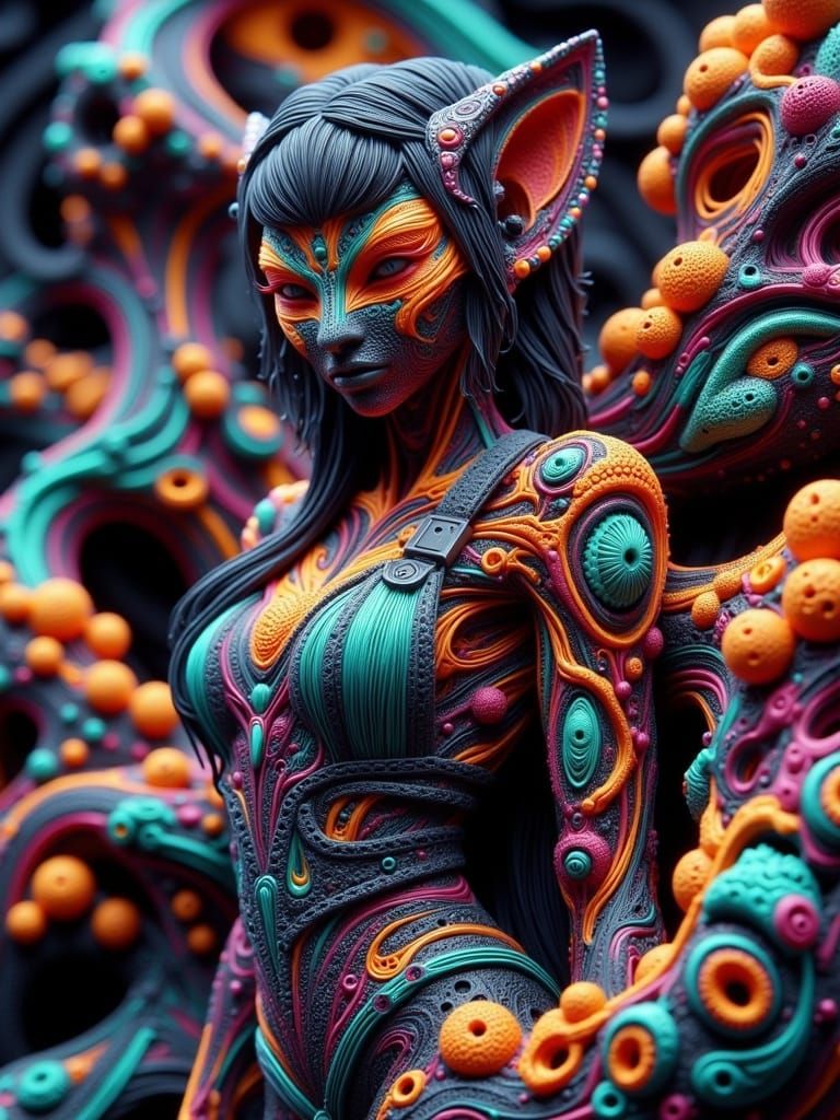 <lora:-Darken-:1.0> Whimsical WOMAN hybrid creature with stitched leather skin, dressed in a worn dungaree, holding a WA...