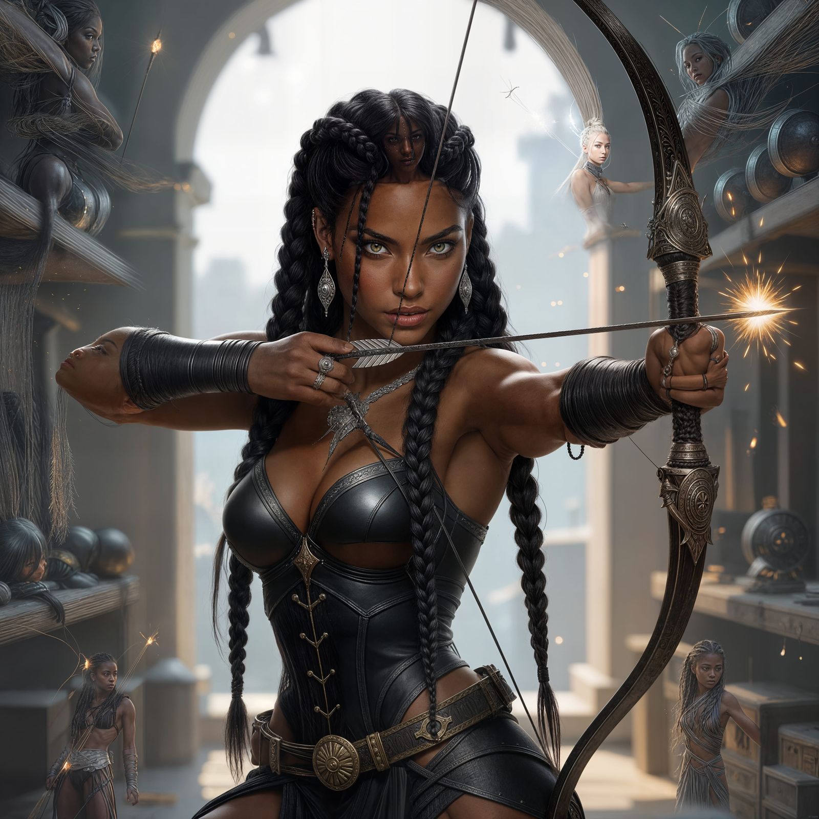 Stoic Warrior Woman with Celestial Bow in Chiaroscuro