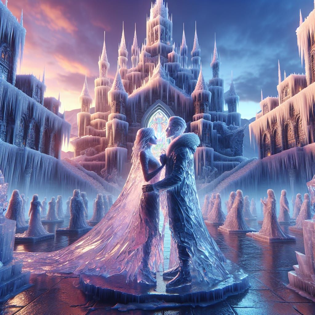 two lovers kissing (male and female turned into solid ice) a...