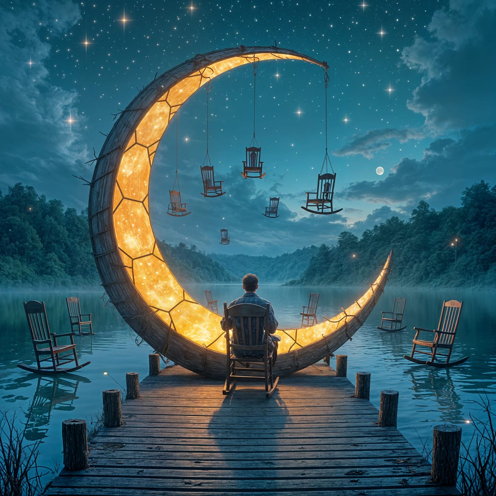 Dreamlike Twilight Landscape with Floating Rocking Chairs