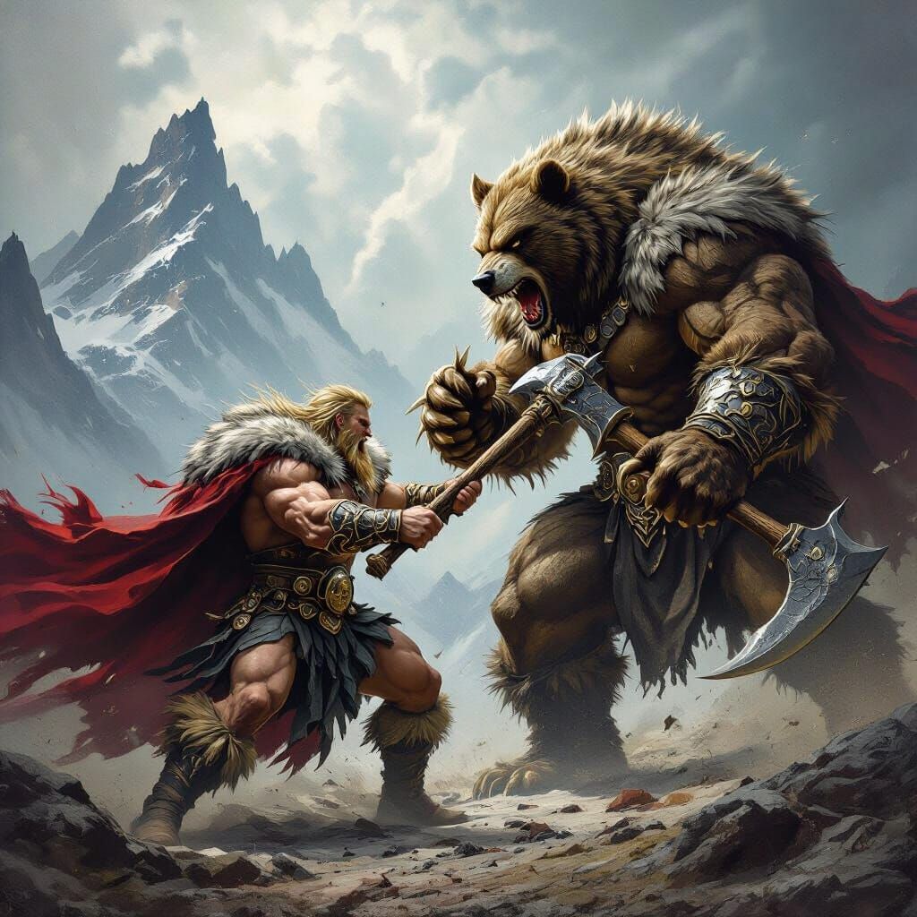 Norse Warrior Battles Giant Bear Demon in Epic Fantasy Art