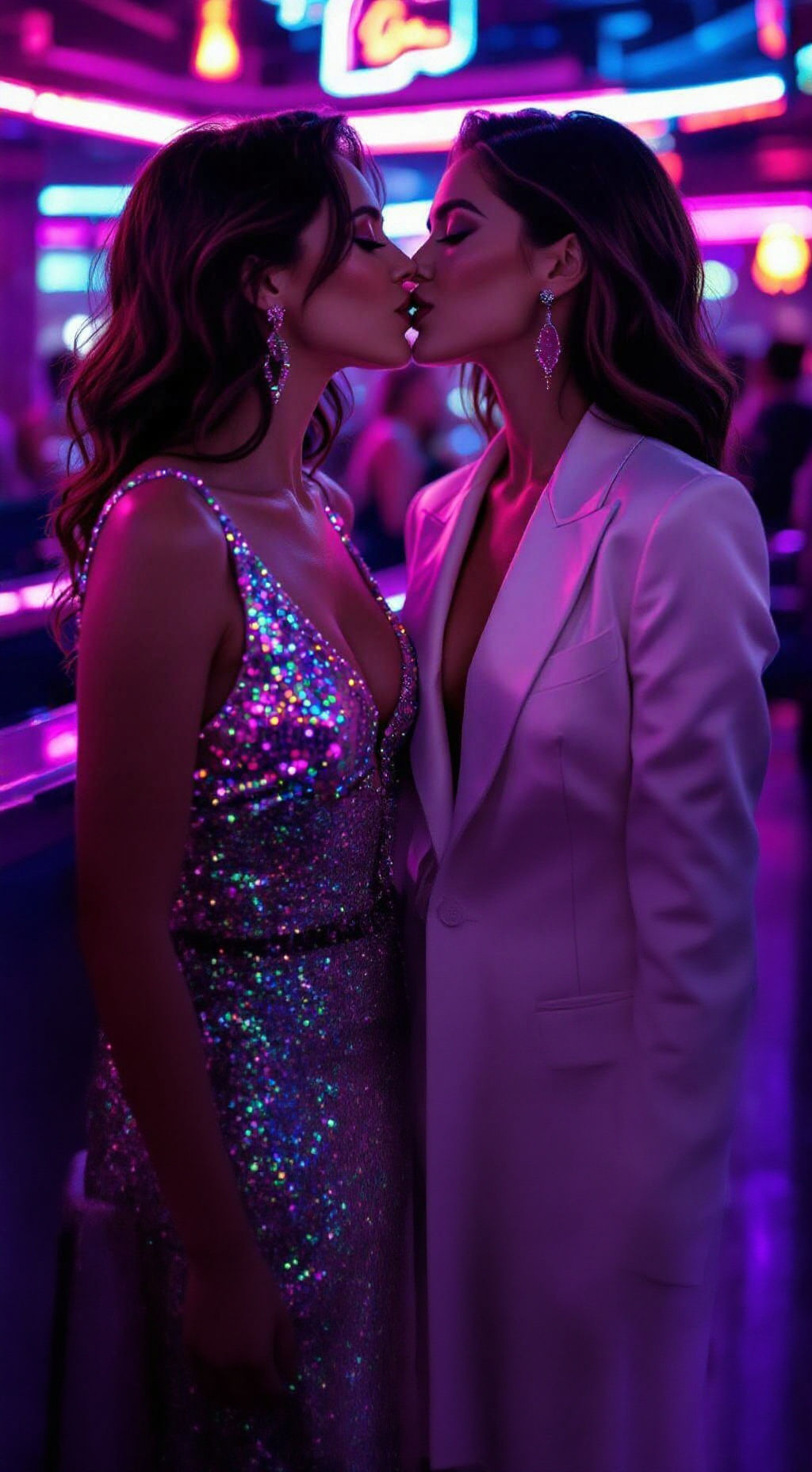 Passionate Kiss in Neon Nightclub Scene