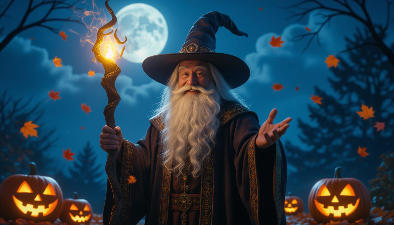 Elderly Wizard with Glowing Staff on Halloween Night