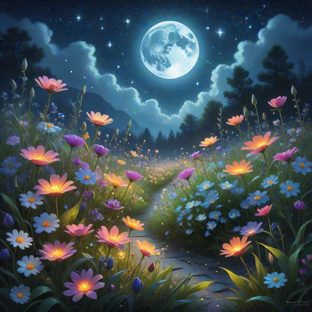 Enchanting Summer Night Field of Glowing Flowers
