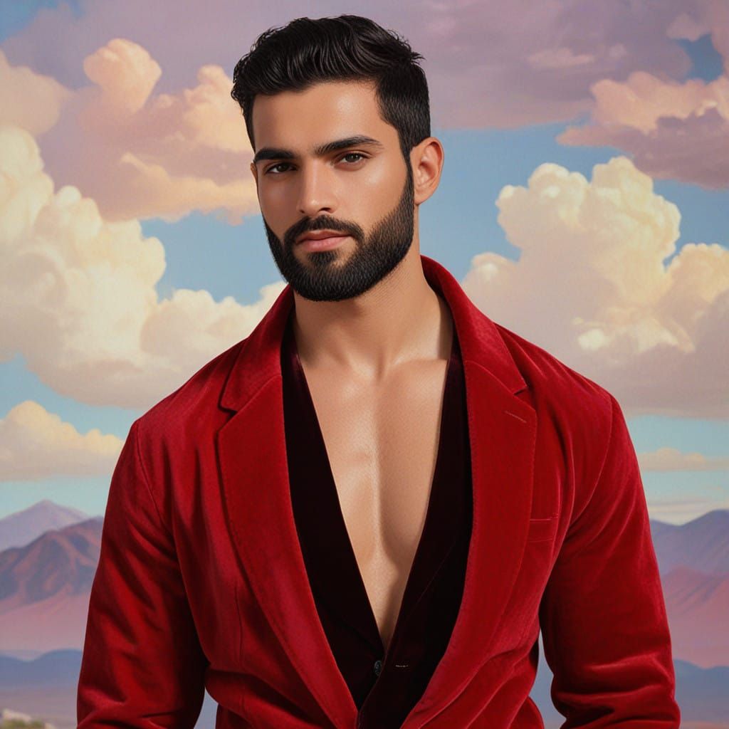 Elegant Iranian Man in Red Velvet Bathrobe