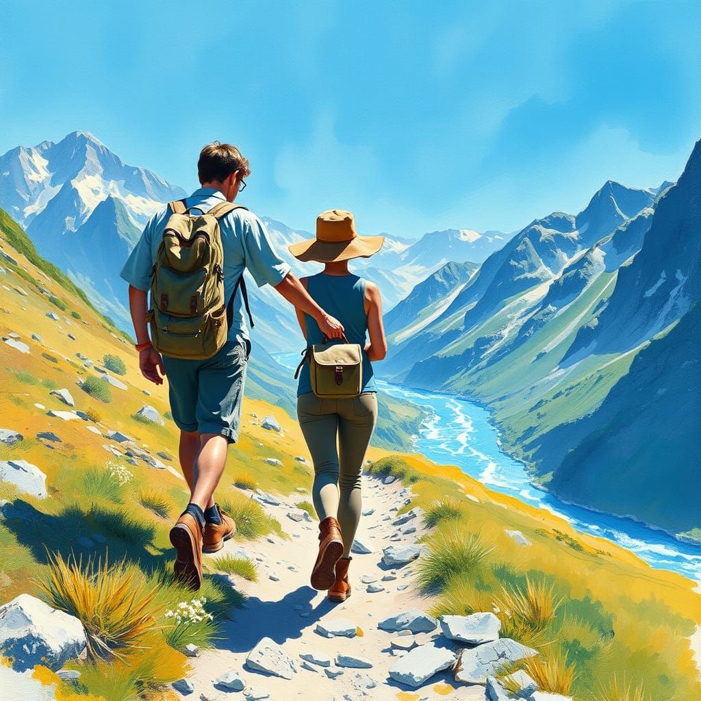 Couple Hiking in Alps as Impressionist Watercolor
