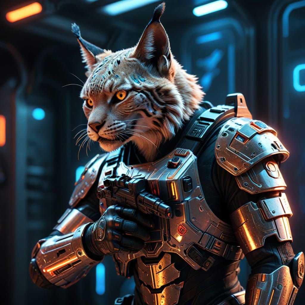 Extremely angry, snarling, realistic, full-body sci-fi Lynx soldier, adorned with a white and blue metallic harness, att...