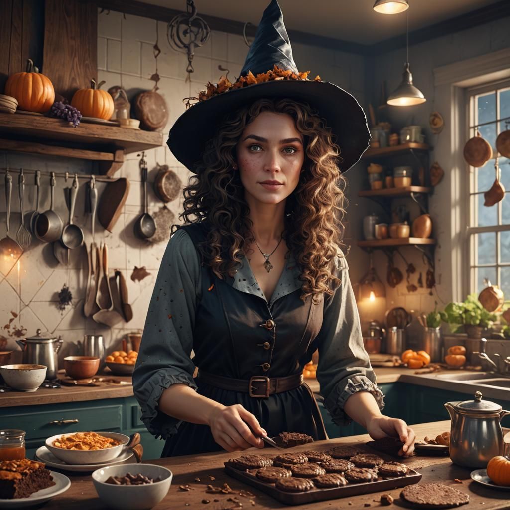 Detailed Witch Baking Brownies: Fantasy Concept Art