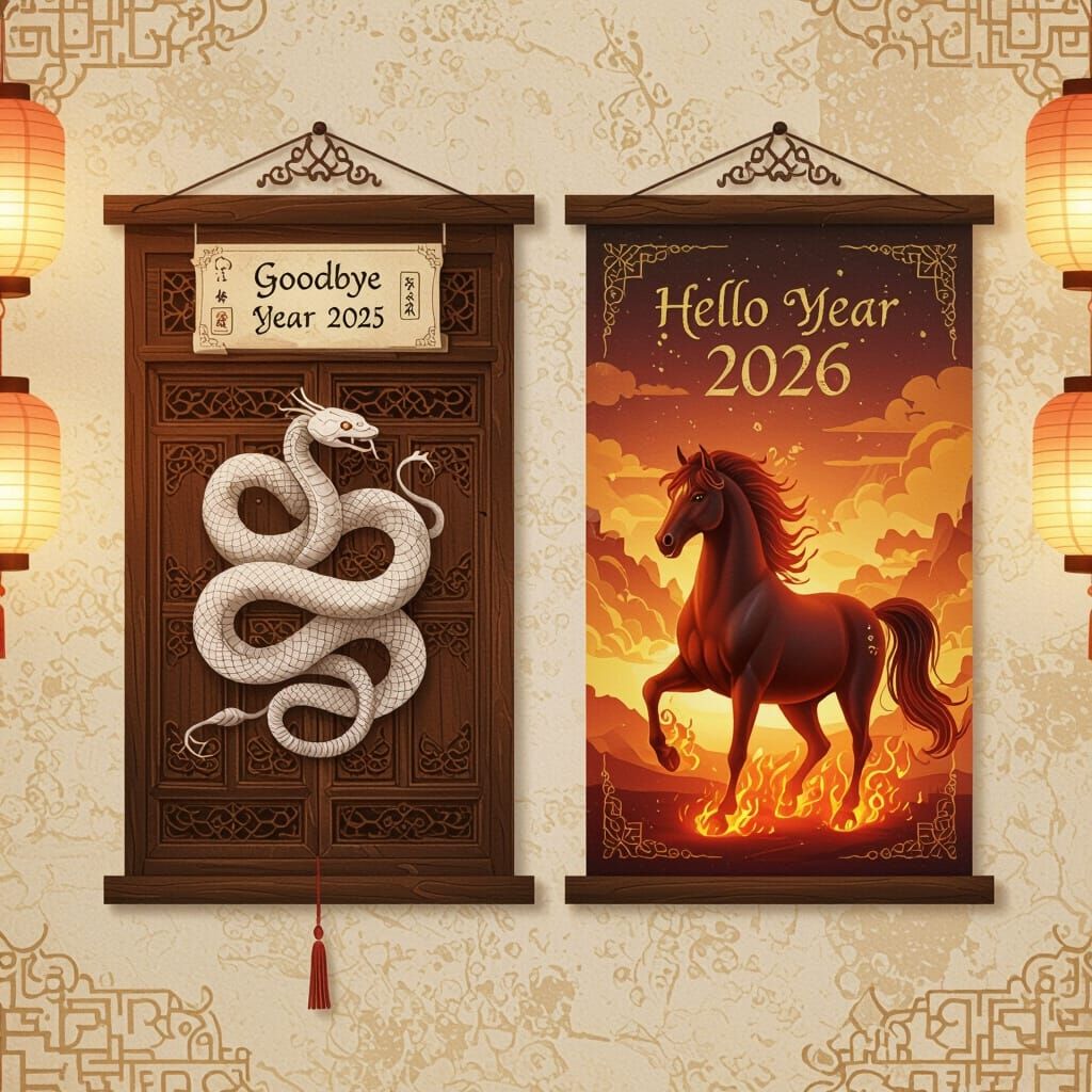 A detailed illustration of two ancient Chinese-style calendars hanging side-by-side on a textured, aged wall. The calend...