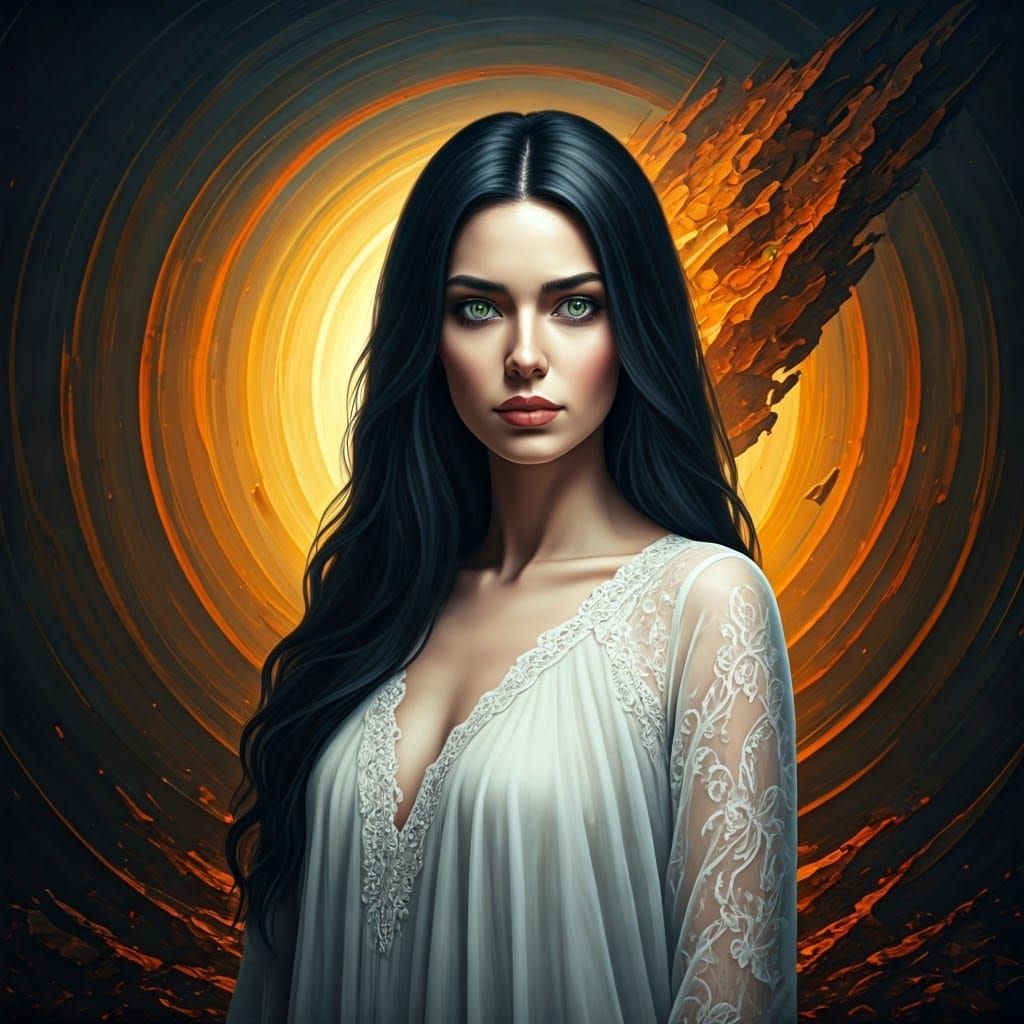 Serene Woman in Surreal, Chaotic Dreamscape