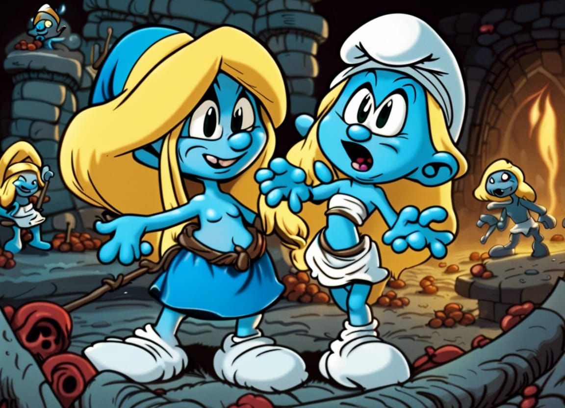 Smurfette from a cartoon presented as a  necromancer, raising Smurfs from the dead to battle against Gargamel