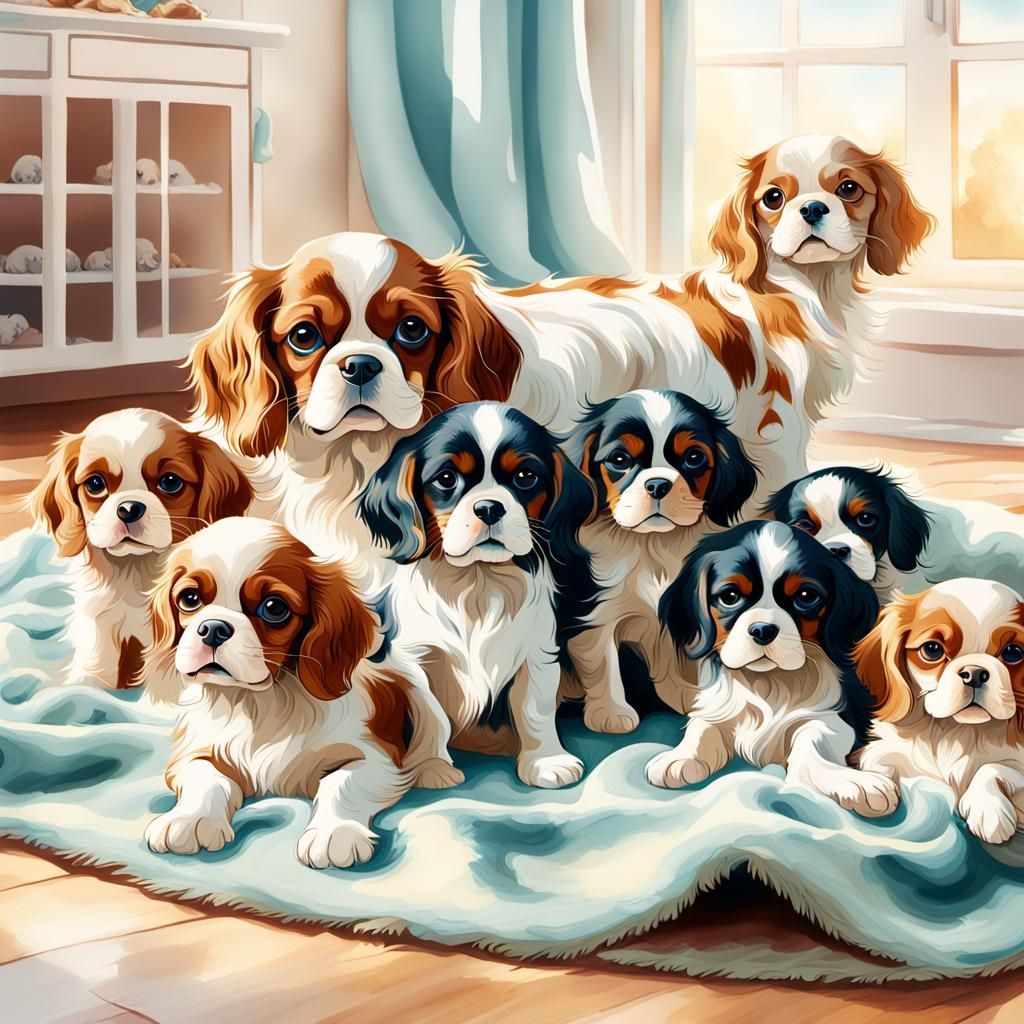 Cavalier King Charles Spaniel Puppies in Watercolor