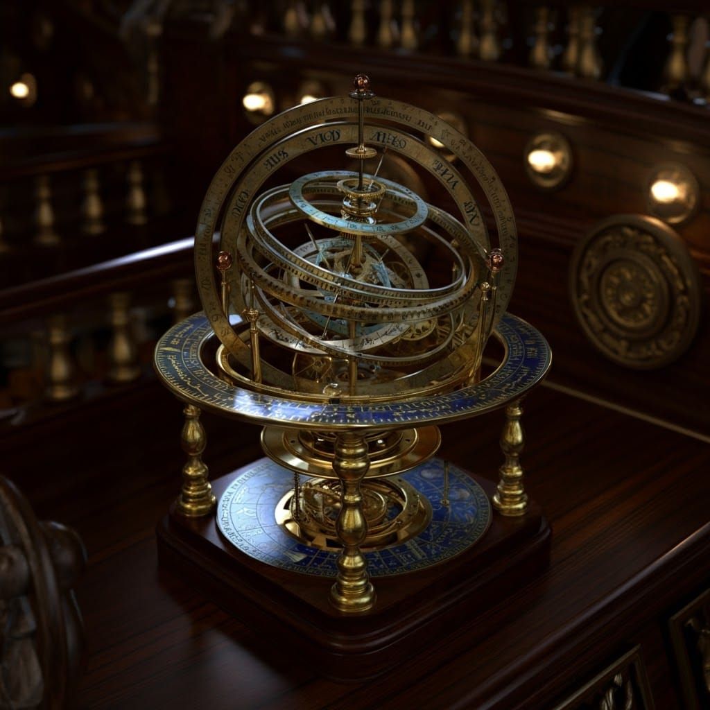 Golden Antikythera Mechanism Orrery in Baroque Galleon