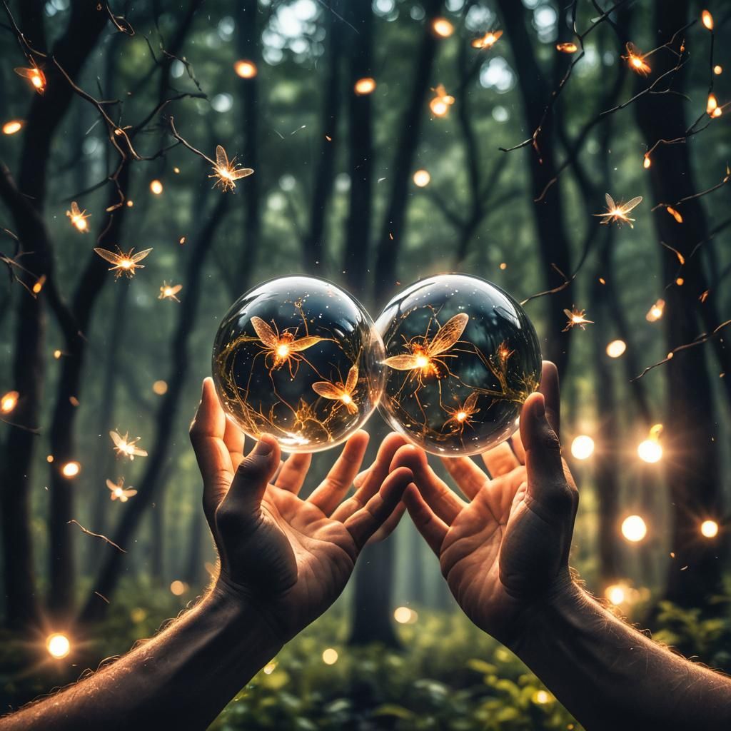 Hands Holding Orb of Light with Fireflies