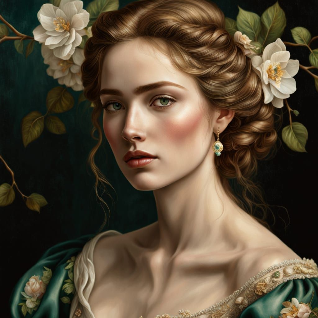 Ethereal Portrait with Floral Gown as Oil Painting