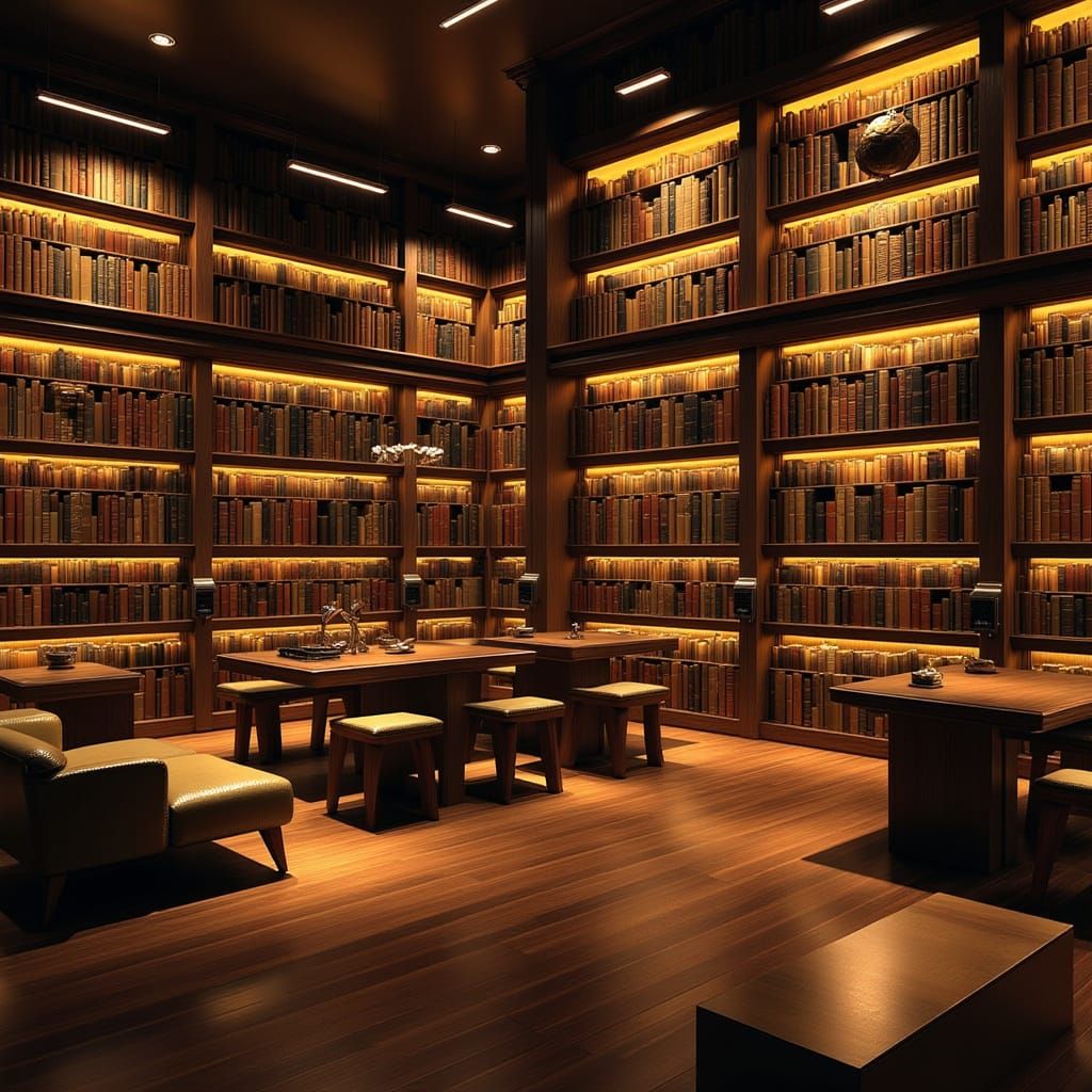 Surreal Contemporary Library with Golden Lighting and Hyperr...