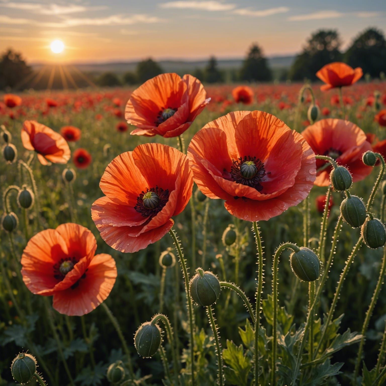 Dew-Kissed Red Poppies in the Morning Light