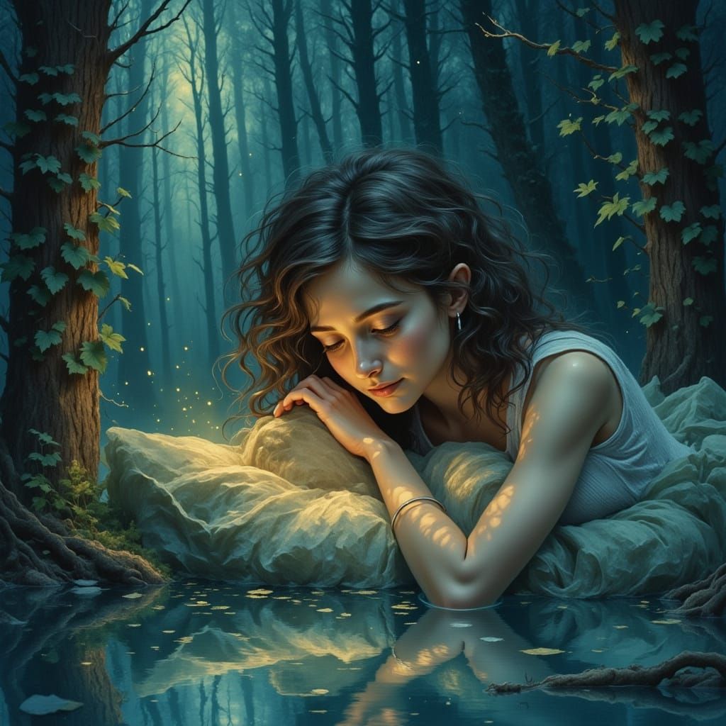 Ethereal Woman Embracing Shadows in Watercolor Style