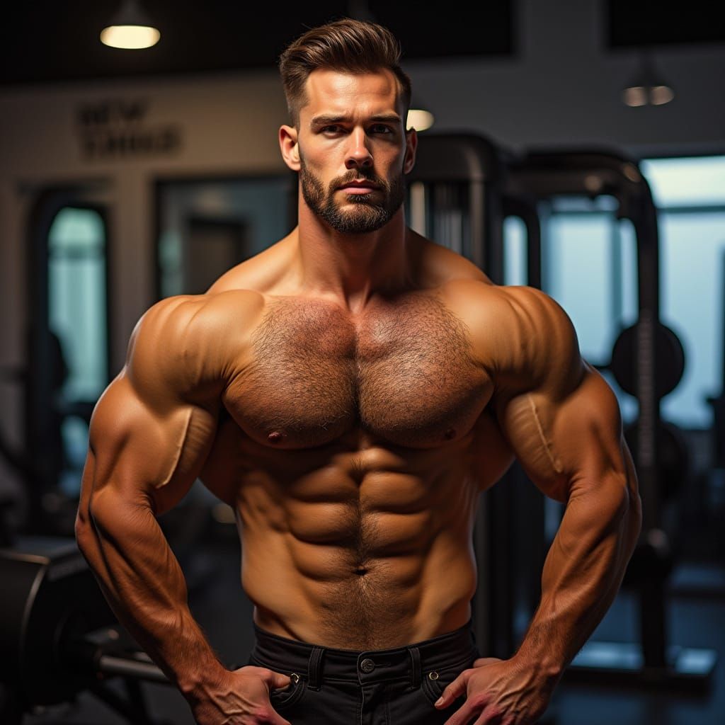 Classically Muscular Gym God Poses Confidently