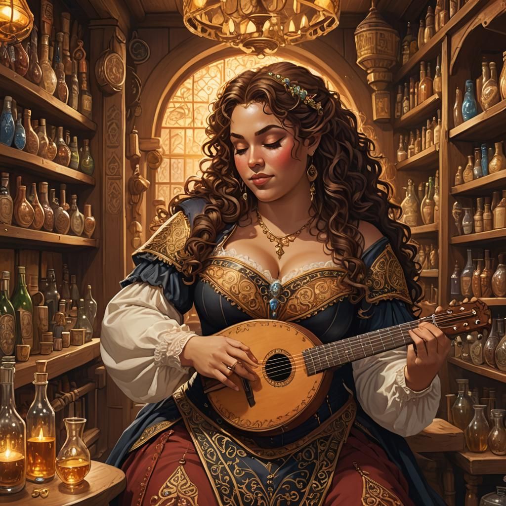 Half-Elf Bard in Tavern, Rembrandt Lighting, Cyberpunk Flair