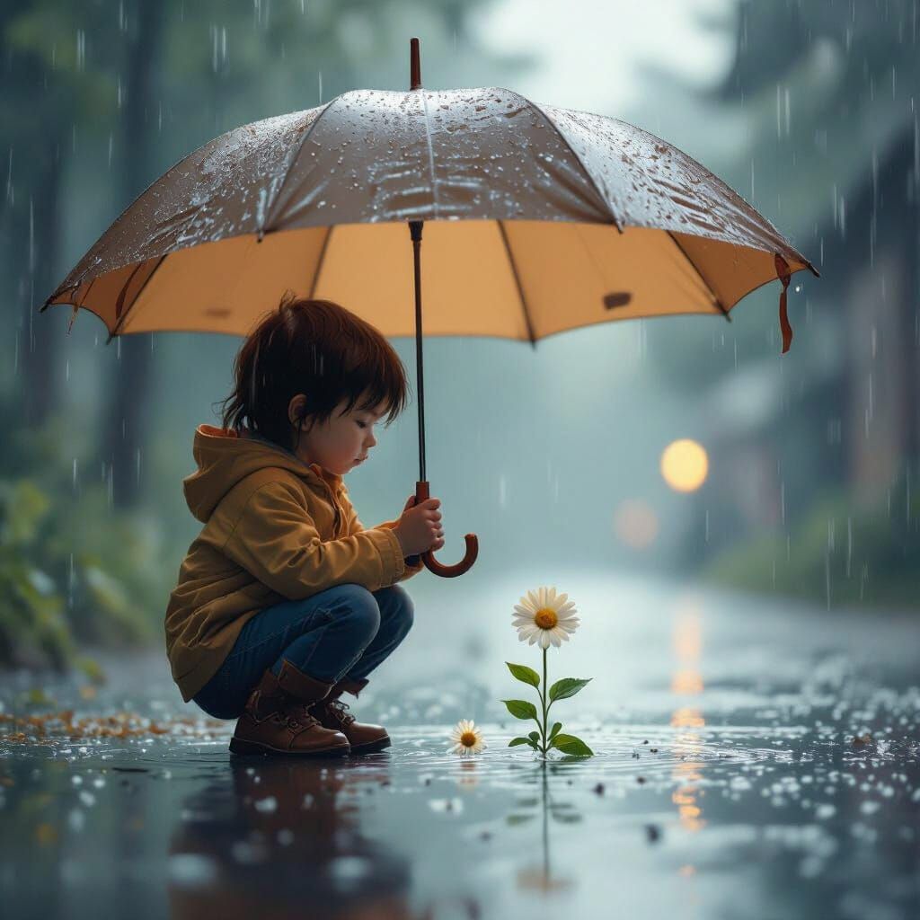 Child Sheltering Daisy from Rain, Detailed Matte Painting