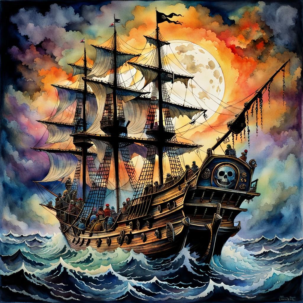 Ghostly Pirate Ship with Skeleton Crew in Watercolor