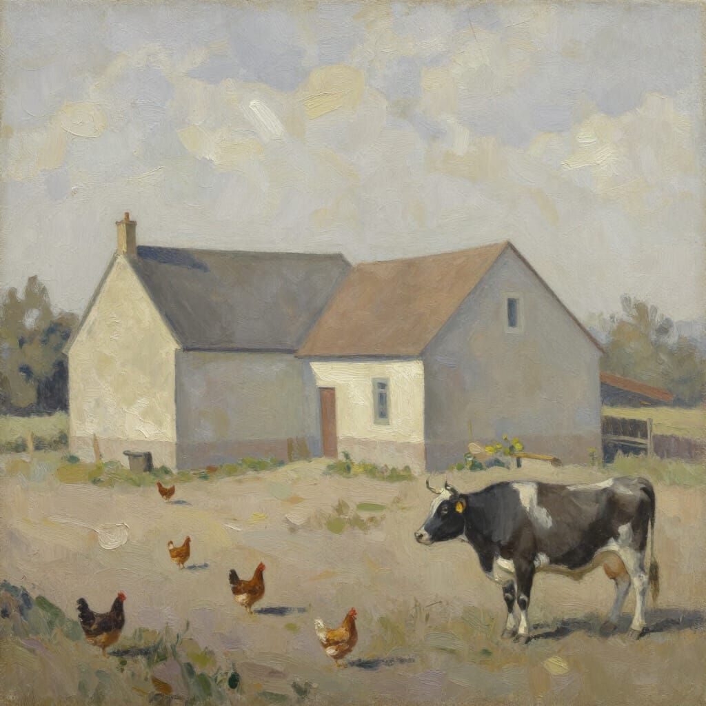 French Farmstead with Animals in Cézanne Style Oil Painting