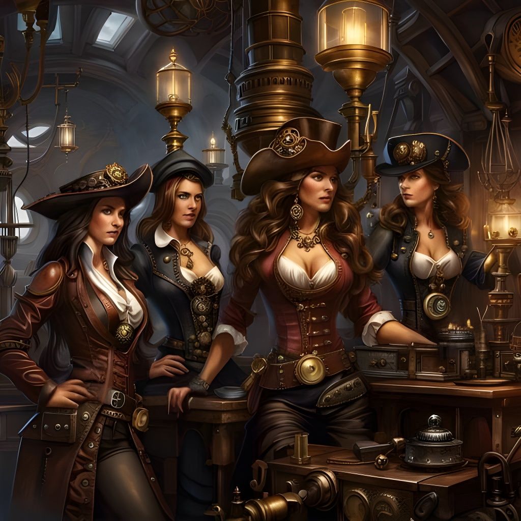 Steampunk Lady Pirates in their Pirate Lair