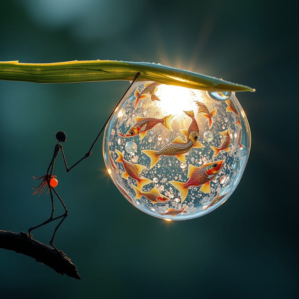 Stick Creature Fishing in Dewdrop: Surreal Fractal Art