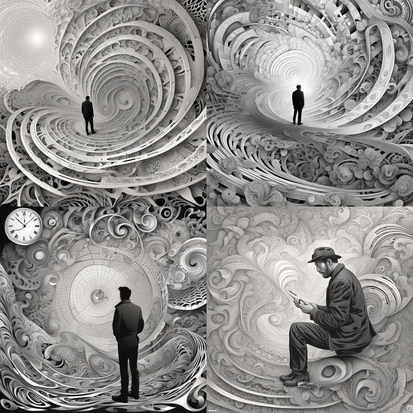 Man Contemplates Time Illusions with Abstract Fractals
